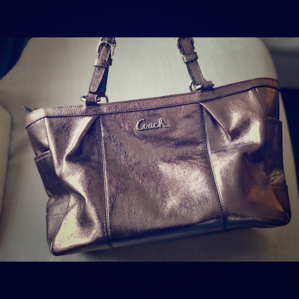 Pewter metallic leather coach gallery tote purse